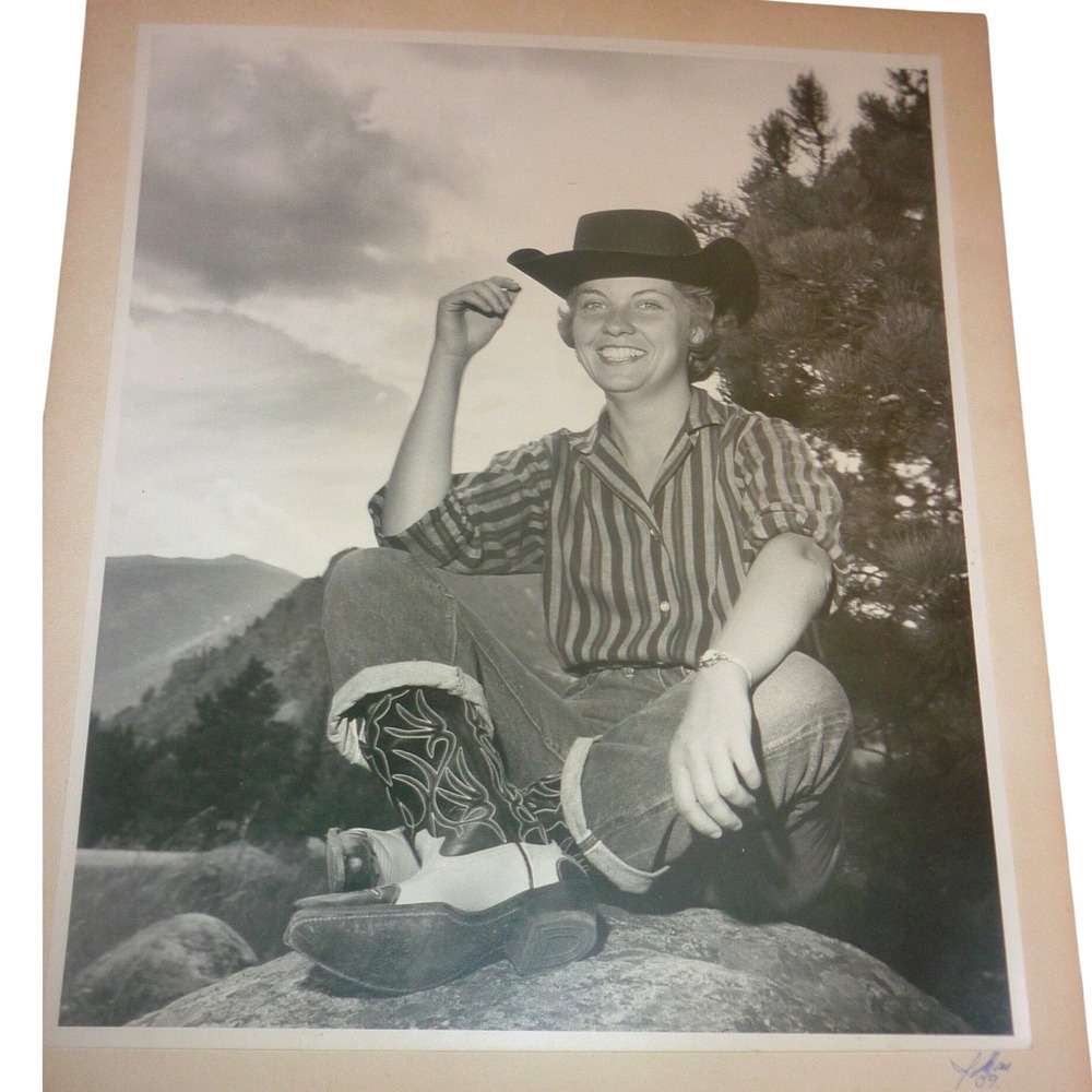 Vintage 1959 Cowgirl Photo Print Signed J Shaw 16x14" Western Boots Mountain